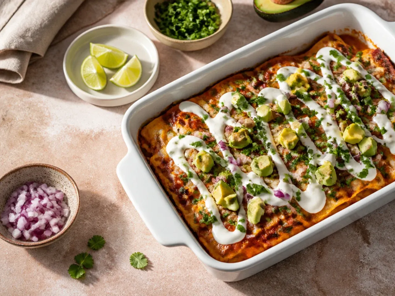 Quick healthy chicken enchilada casserole ready to serve after a fast 30-minute bake