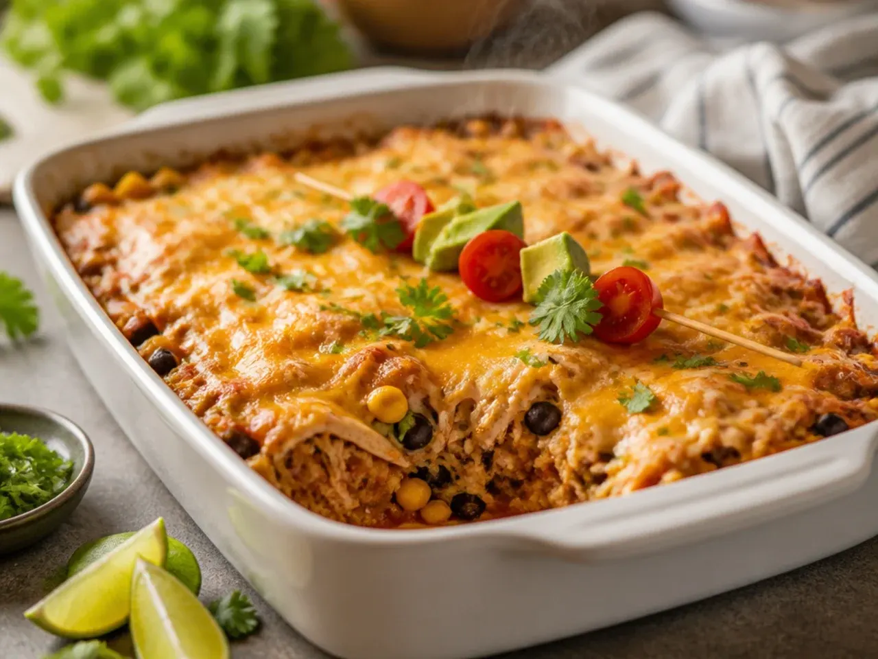 From-scratch healthy chicken enchilada casserole with homemade sauce and lightly toasted tortillas