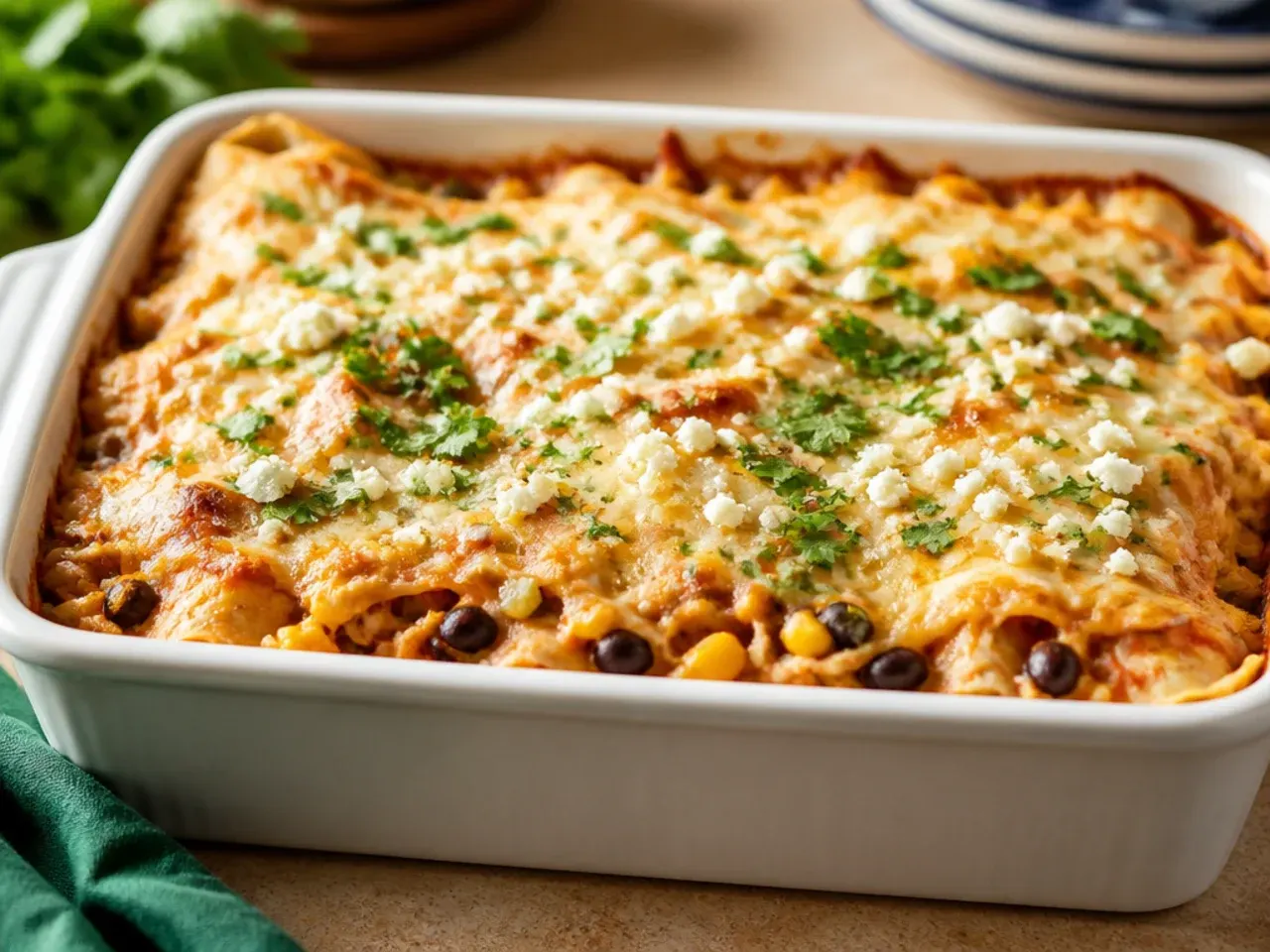 High-protein healthy chicken enchilada casserole with extra chicken and black beans layered in