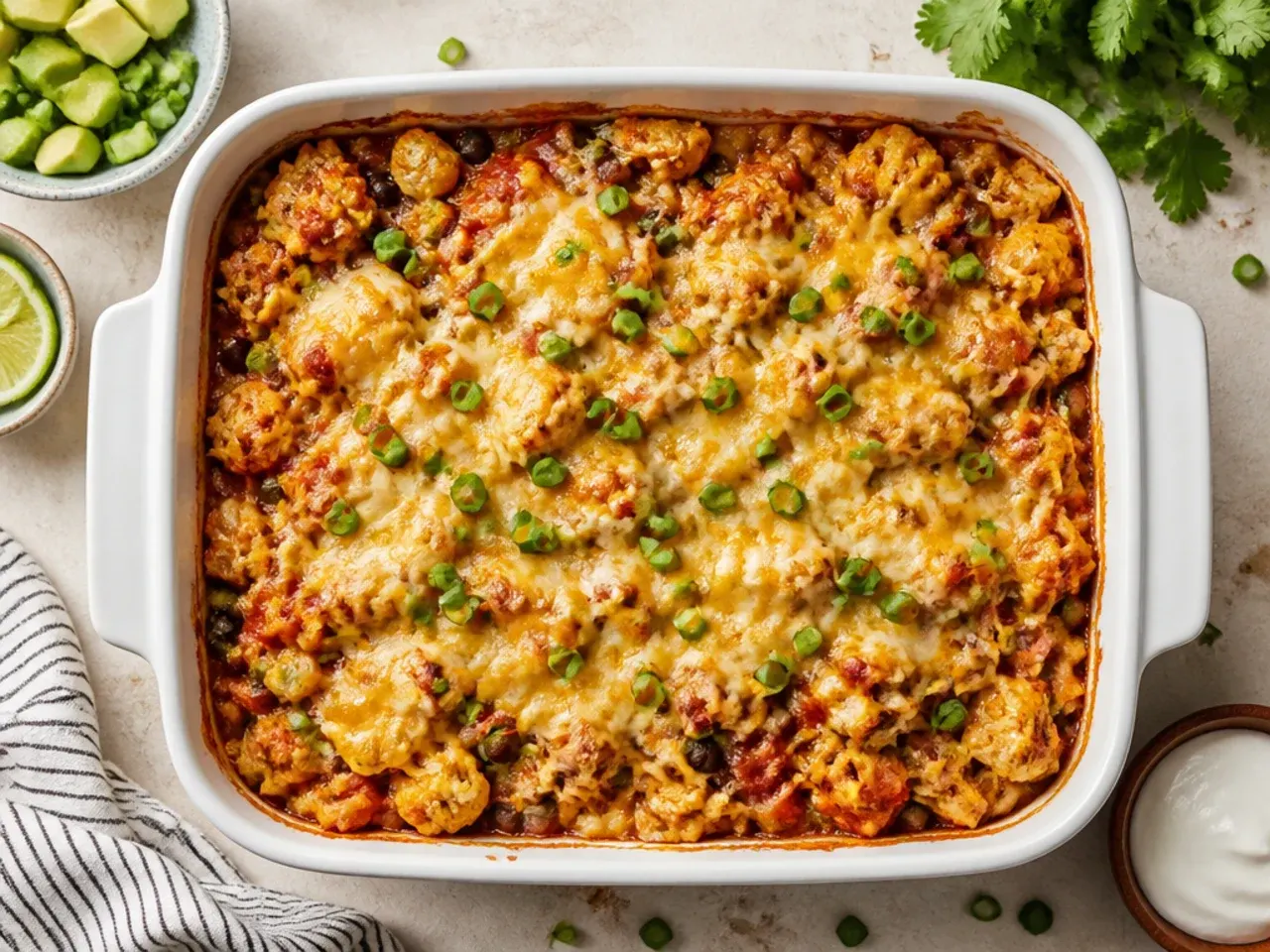Low-carb healthy chicken enchilada casserole made with roasted cauliflower instead of tortillas