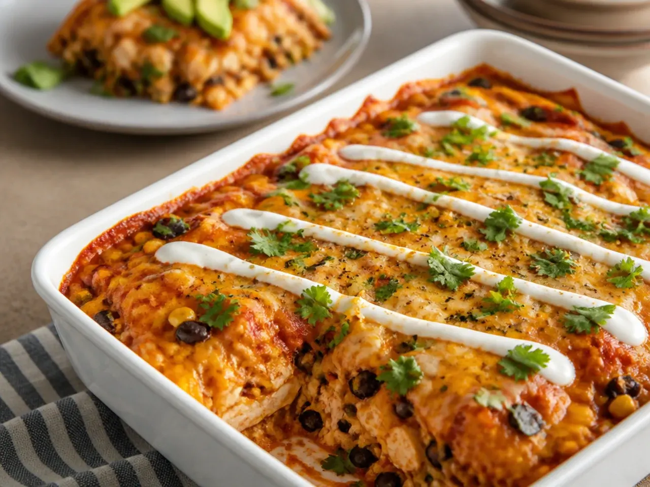 Gluten-free healthy chicken enchilada casserole made entirely with corn tortillas