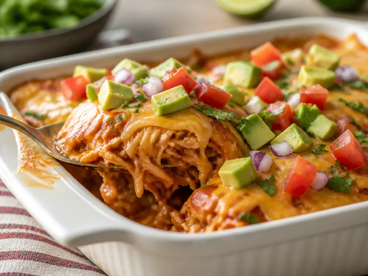 Skinless shredded rotisserie chicken being mixed with light enchilada sauce for a casserole