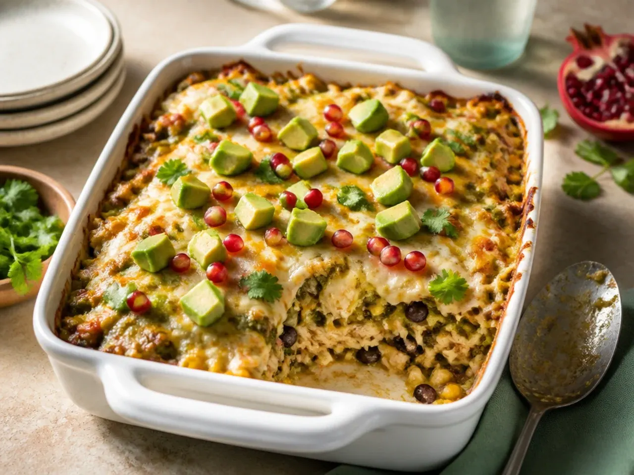 Creamy roasted poblano healthy chicken enchilada casserole with roasted green peppers folded through