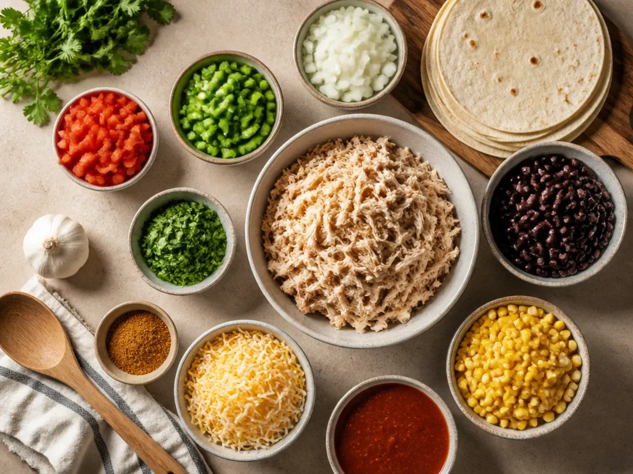 Hands adding a layer of corn tortillas to a healthy chicken enchilada casserole being assembled