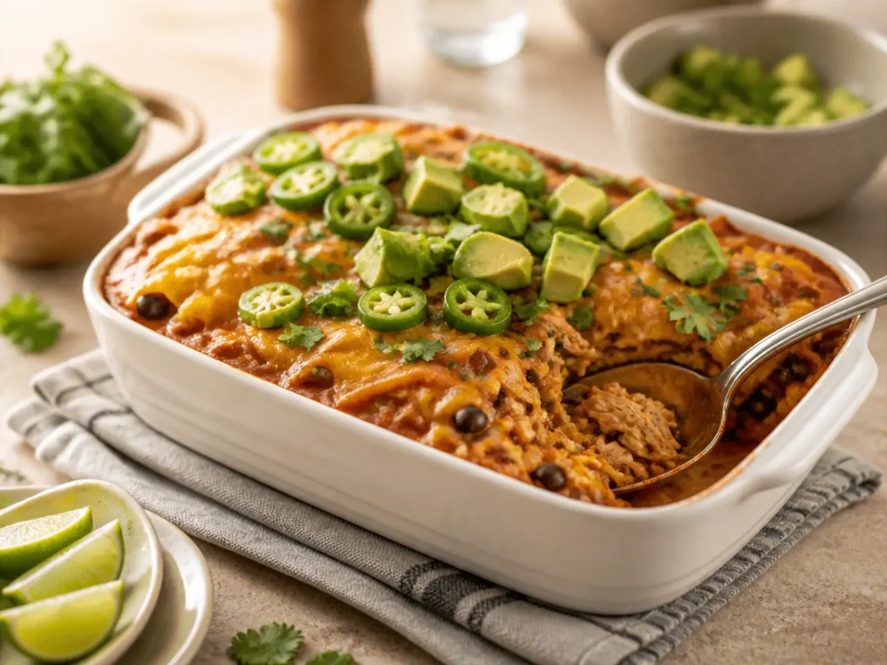 Healthy chicken enchilada casserole served on a plate with cauliflower rice, salad and a lime wedge