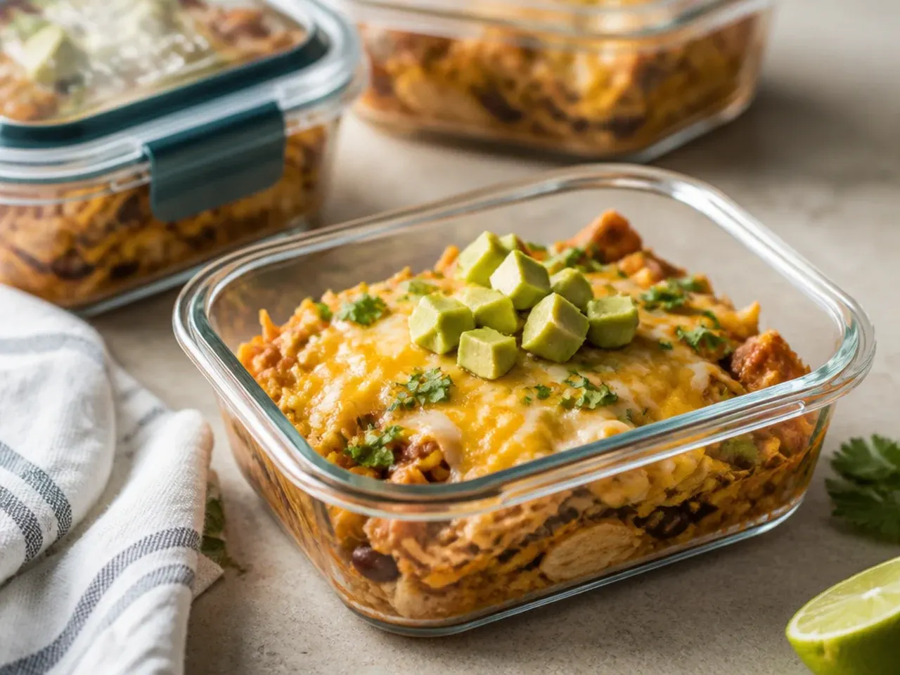 Portioned healthy chicken enchilada casserole leftovers stored in airtight containers for meal prep