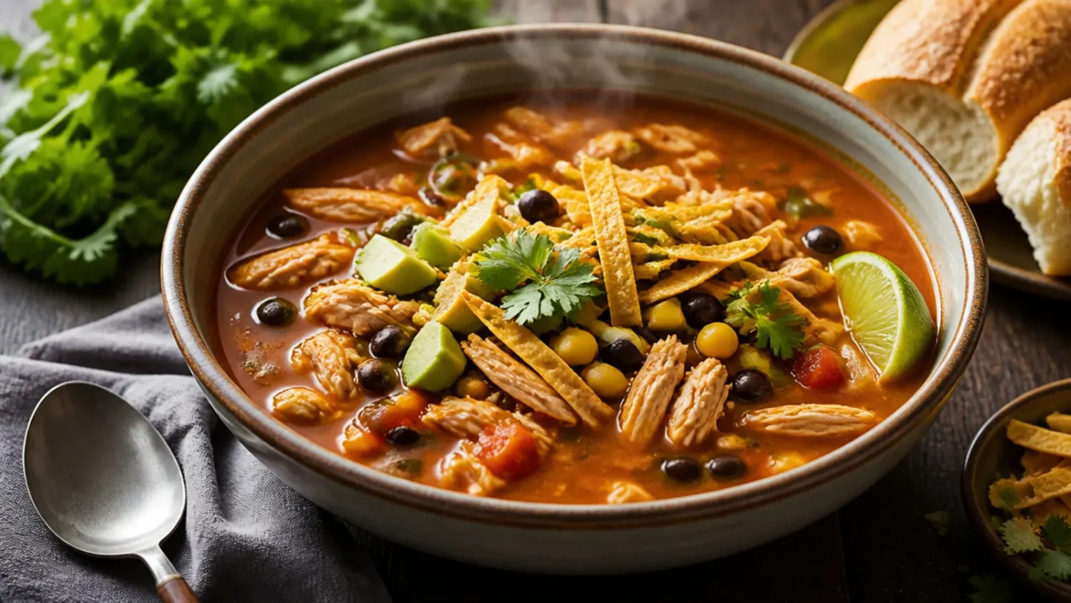 Overhead shot of a bowl of healthy chicken tortilla soup topped with baked tortilla strips, avocado, lime and cilantro