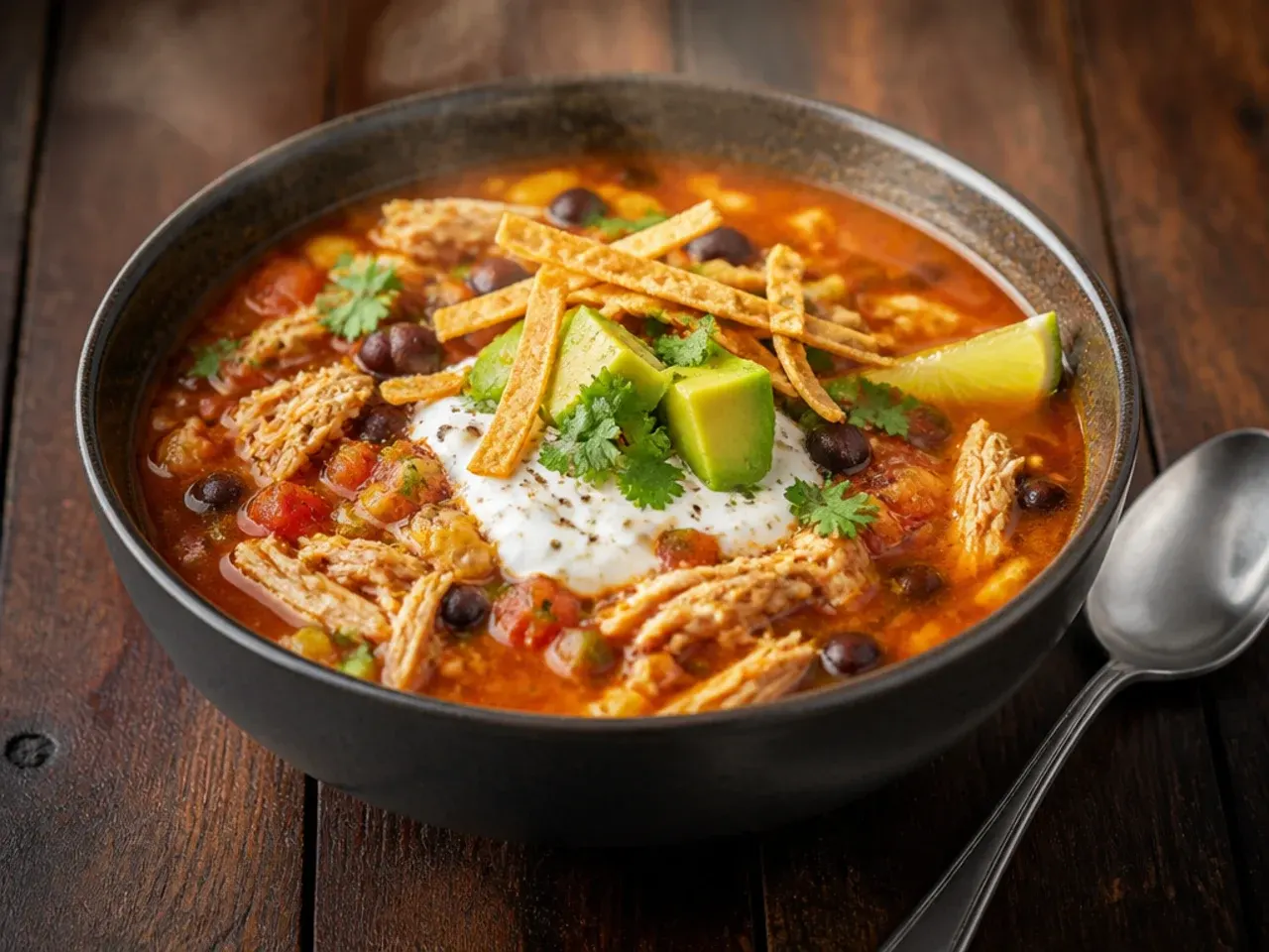 Raw chicken breasts simmering in a pot of chilli-red tortilla soup broth