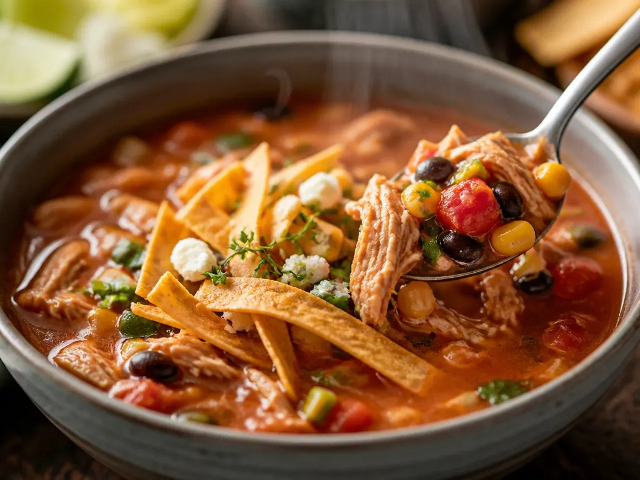 Tin of fire-roasted diced tomatoes being poured into simmering tortilla soup