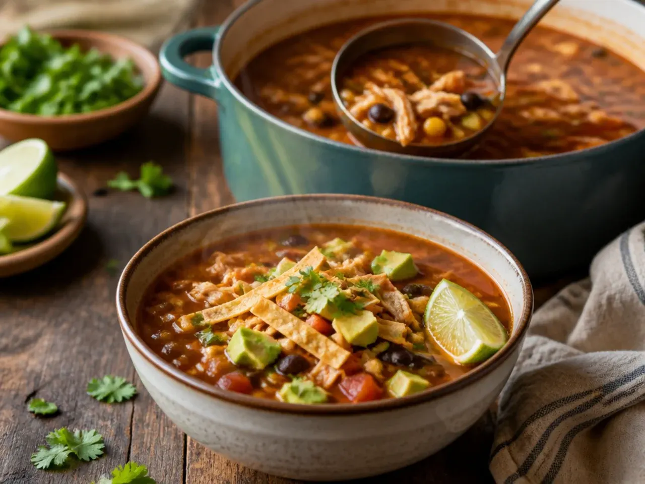 Fresh lime being squeezed into a finished pot of chicken tortilla soup off the heat
