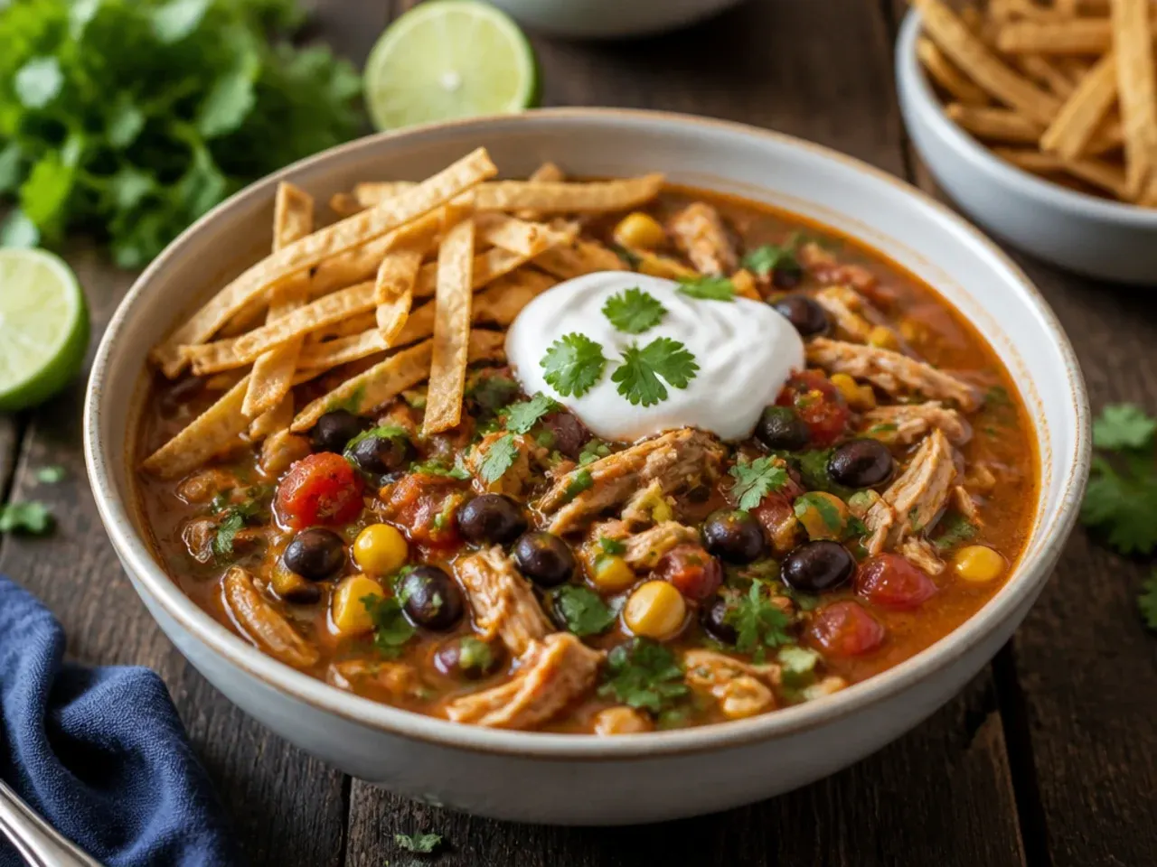 Two separate containers, one with soup and one with crisp tortilla strips, ready for the fridge