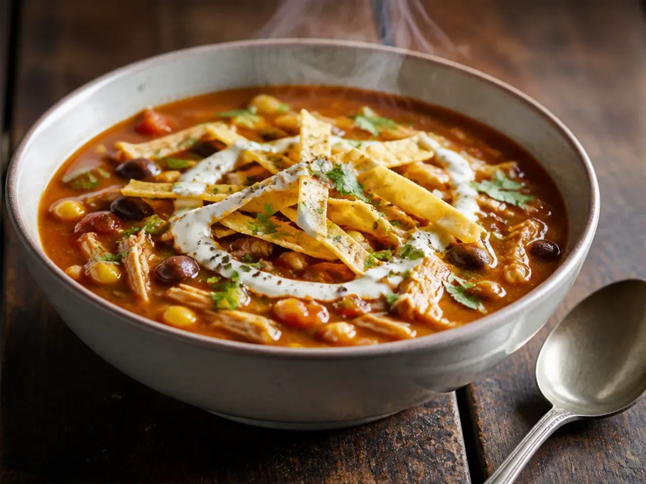 Immersion blender pureeing a portion of tortilla soup directly in the pot
