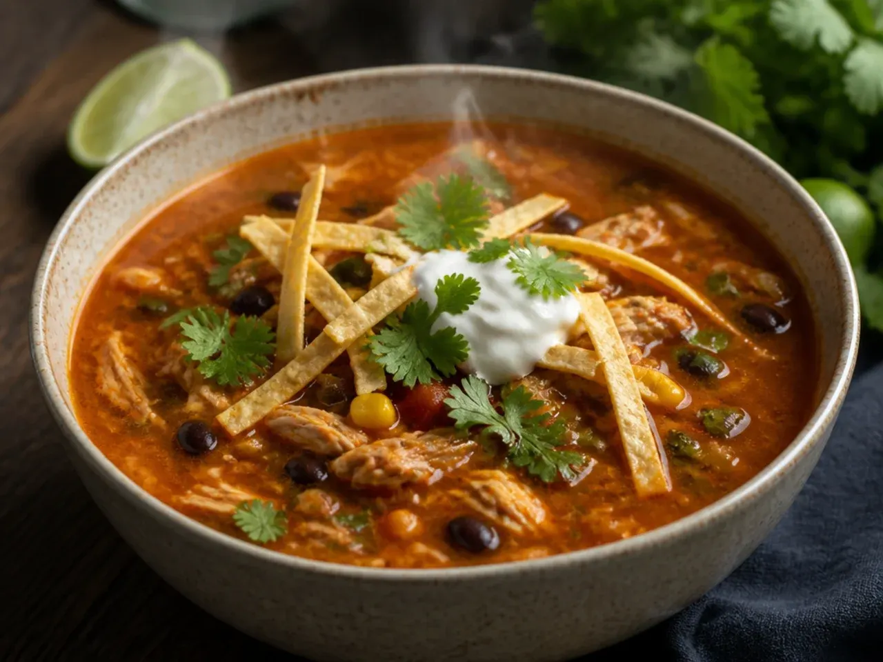 Pot of leftover chicken tortilla soup being gently reheated on the stovetop