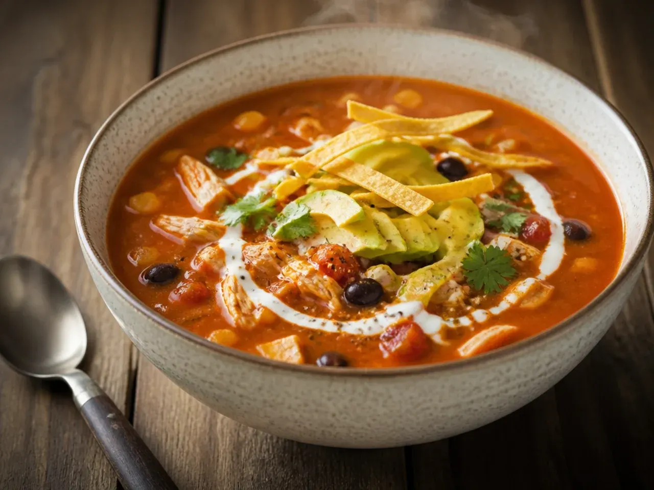One drained tin of black beans being added to a pot of chicken tortilla soup