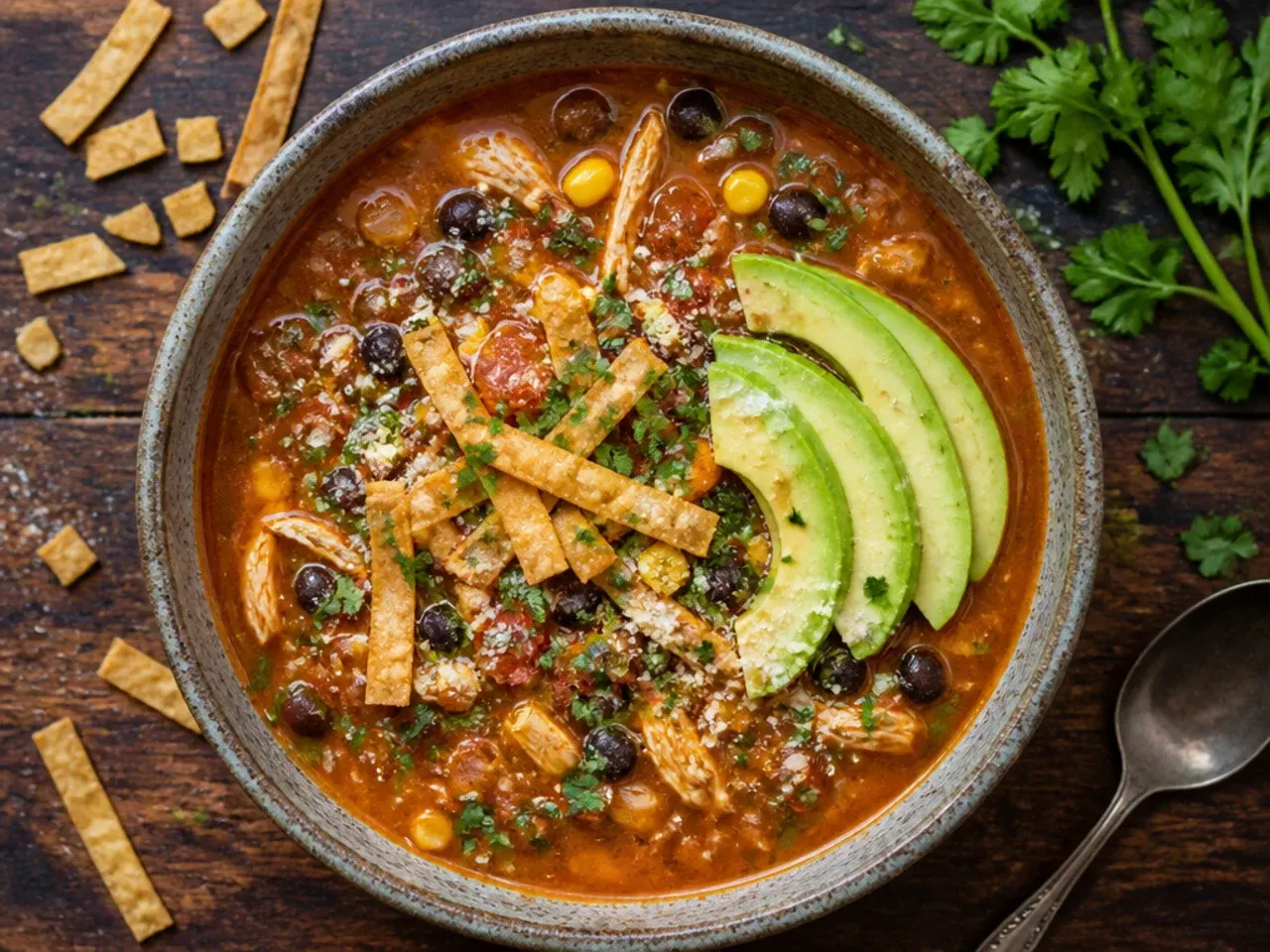 Fresh avocado slices being laid on top of a just-served bowl of tortilla soup