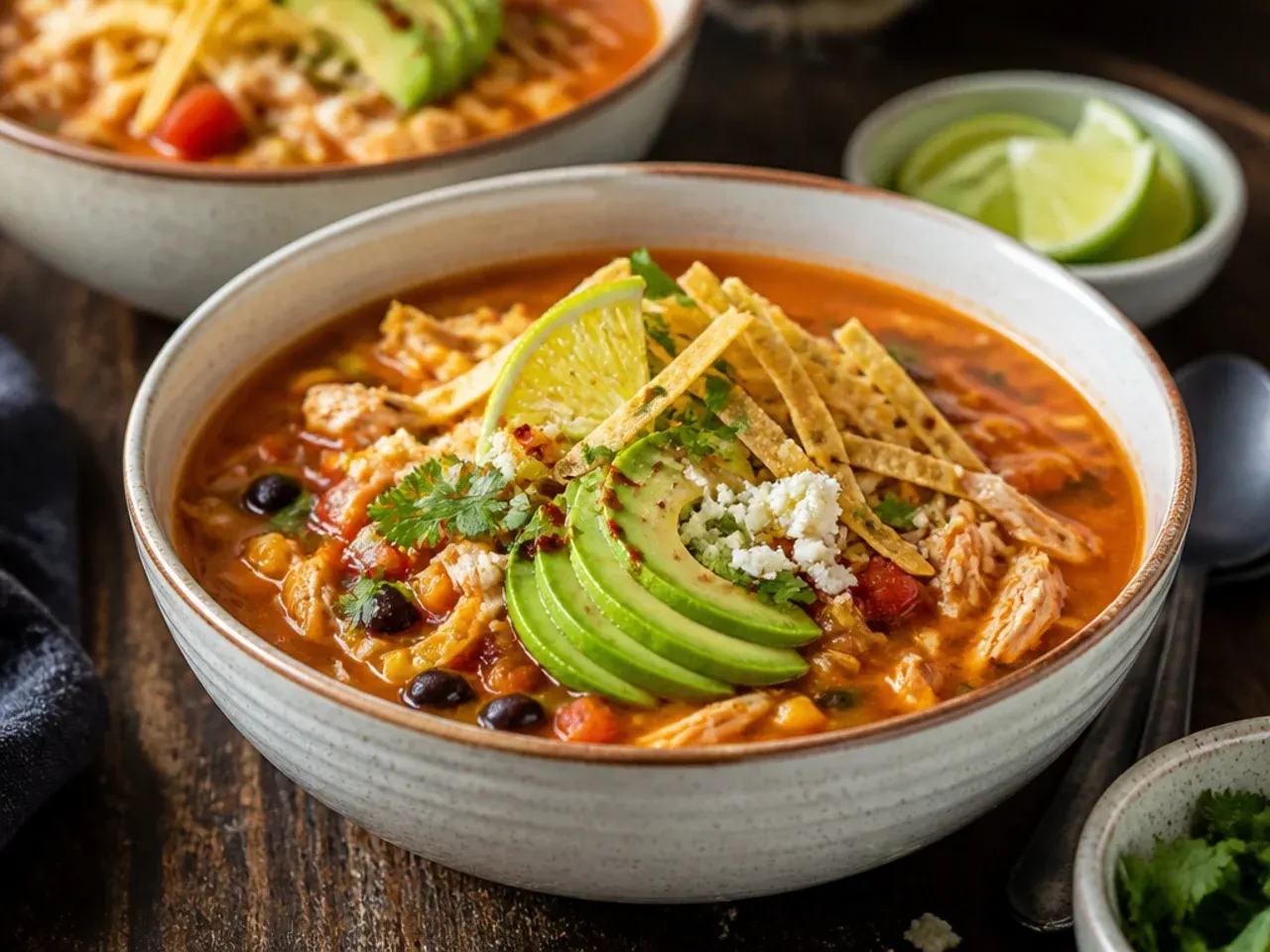 Bowl of chicken tortilla soup with toppings arranged in neat layers on top