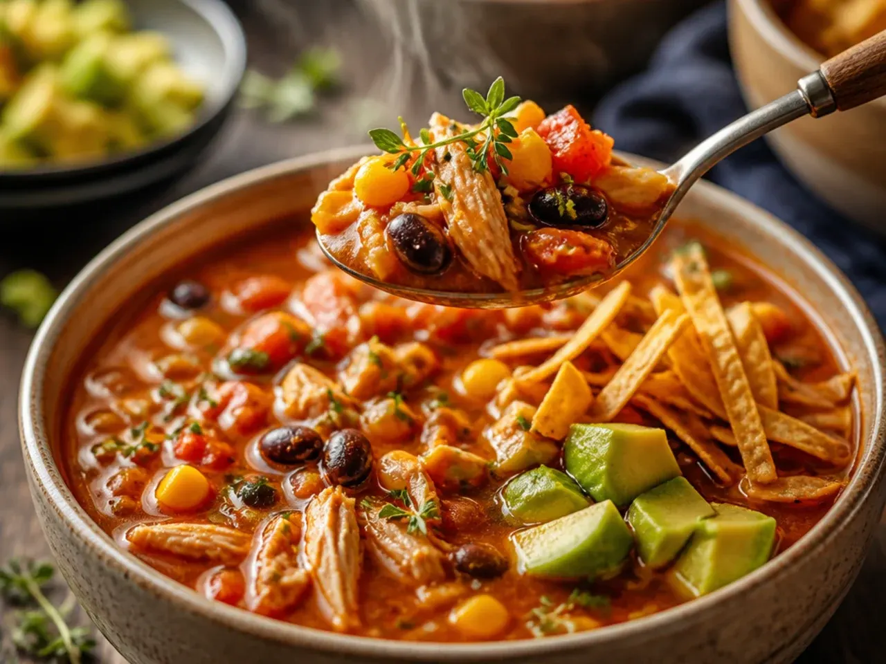 Handwritten recipe notes with measurements next to a finished pot of tortilla soup