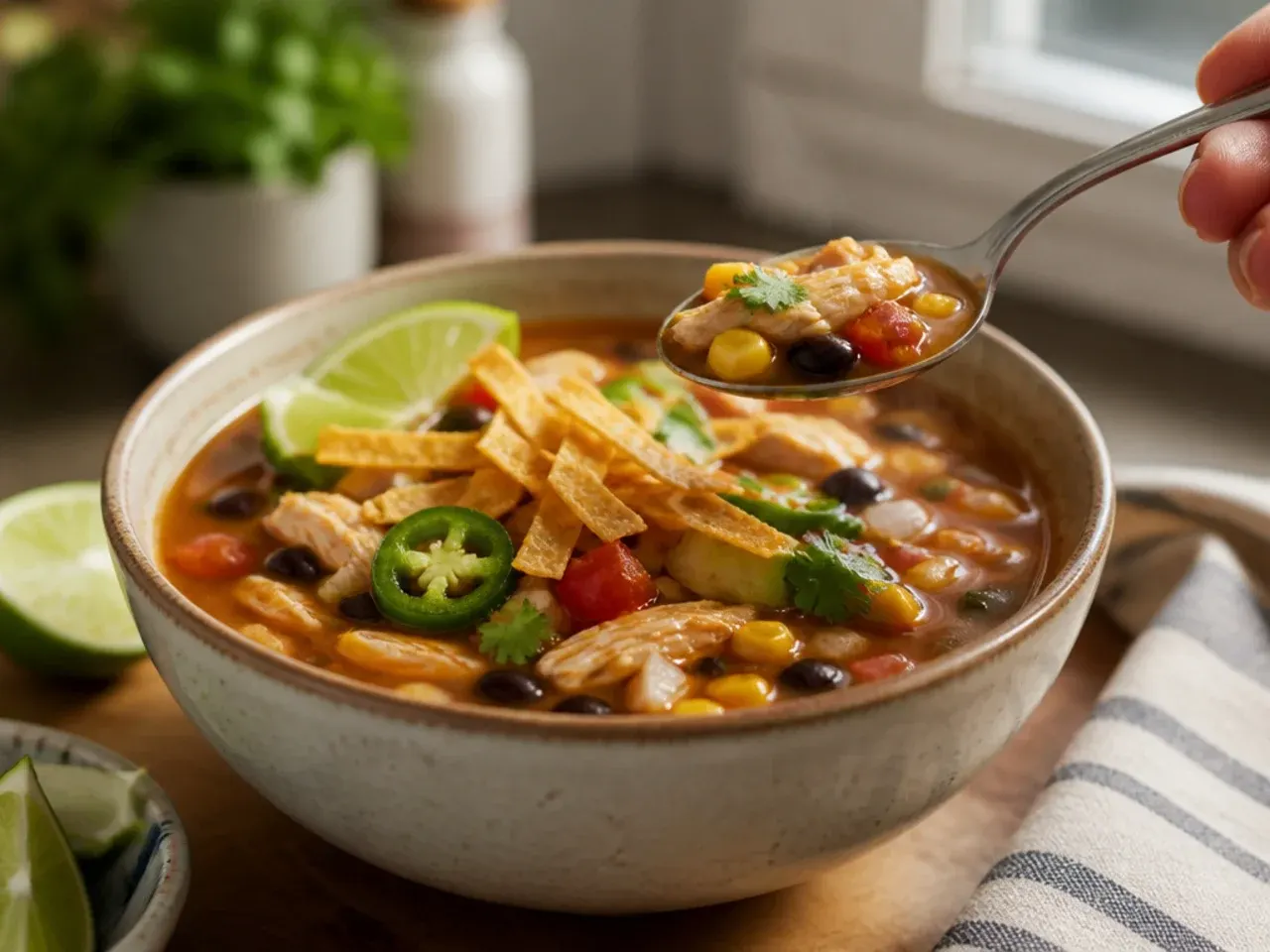 Finished bowl of healthy chicken tortilla soup with baked tortilla strips, lime and avocado ready to serve