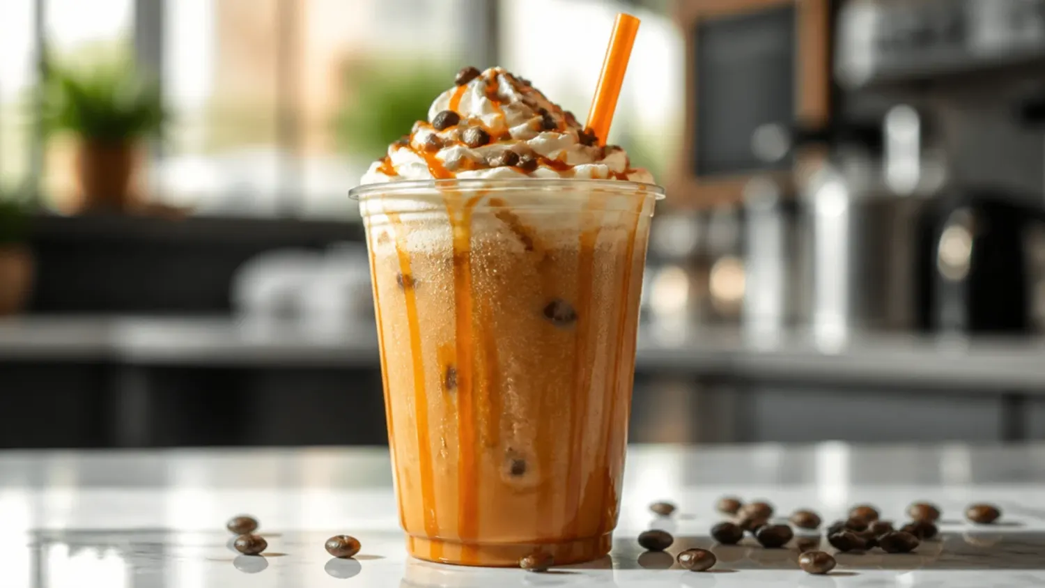 Iced skinny vanilla oat milk latte in a tall glass surrounded by coffee beans and a cinnamon stick on a wooden table