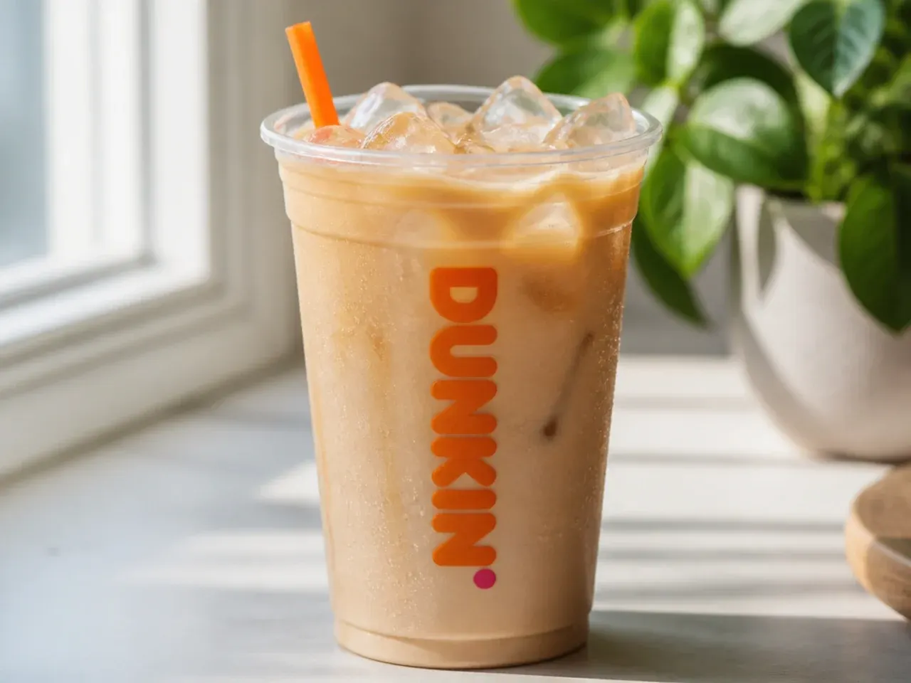 Overhead shot of iced coffee ingredients including espresso, oat milk, ice and sugar-free syrup laid out on a counter