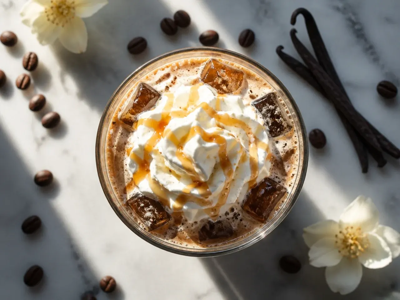 Tall glass of iced cold brew coffee with a swirl of milk being poured in over ice