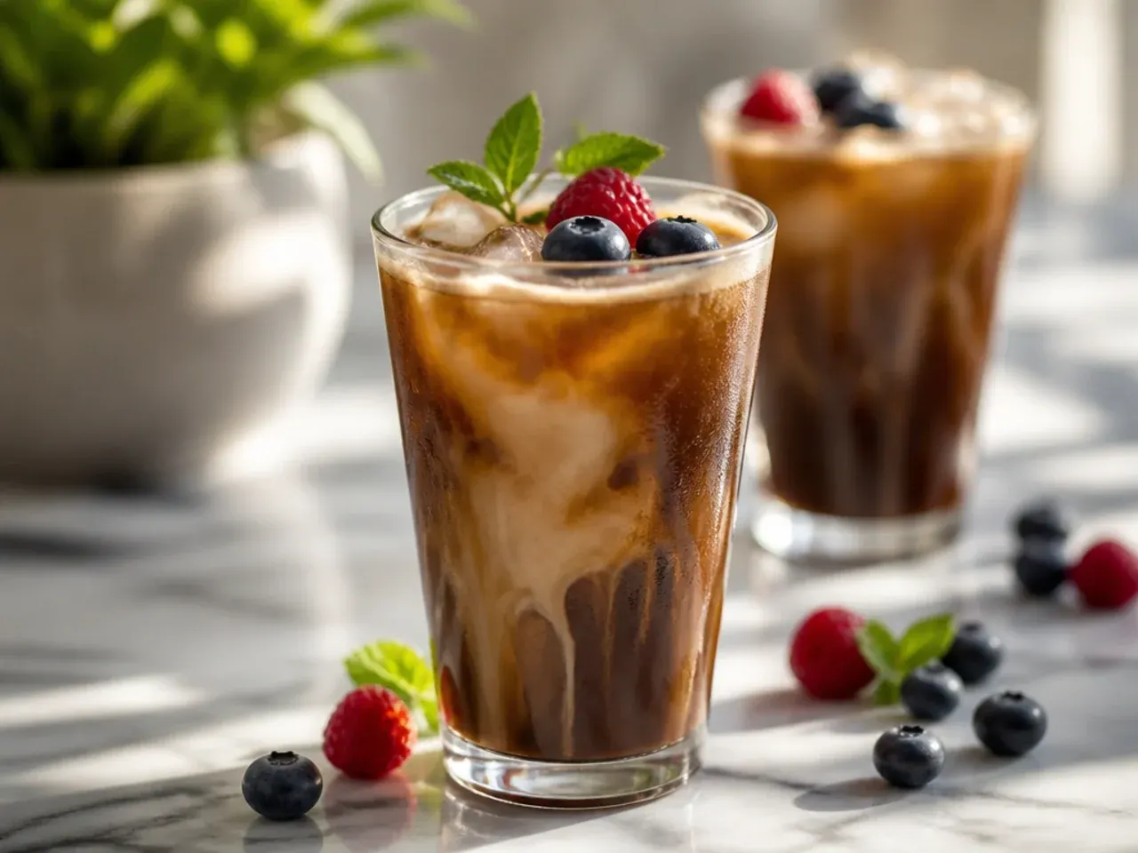 Classic iced coffee in a clear cup with condensation, milk swirling through dark coffee