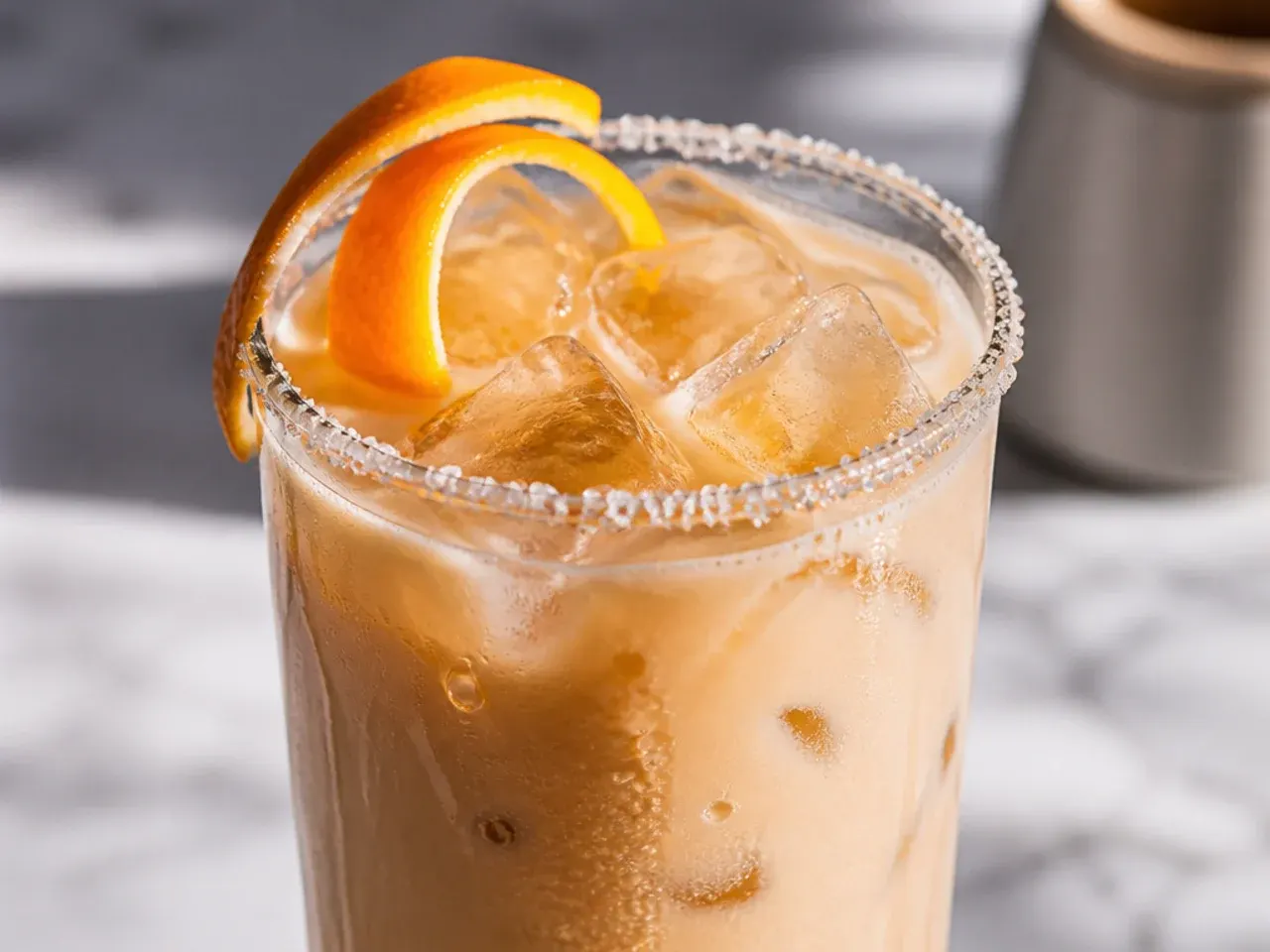 Iced coffee latte layered with espresso and milk in a glass mug, dark and light layers visible