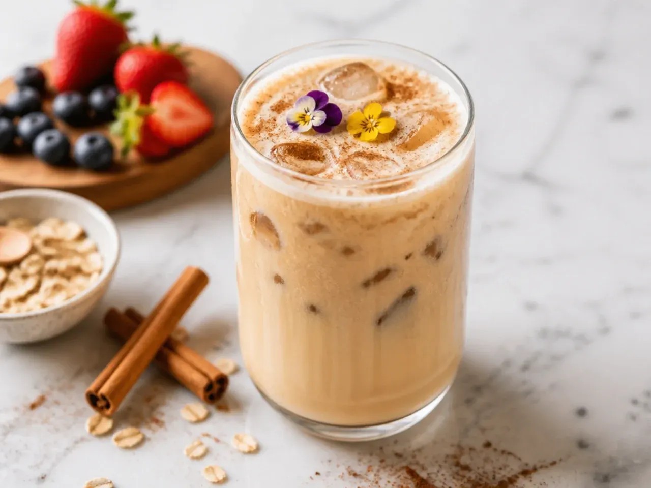 Cozy latte with cinnamon stick garnish and dusted cinnamon on foam, steam rising from the mug