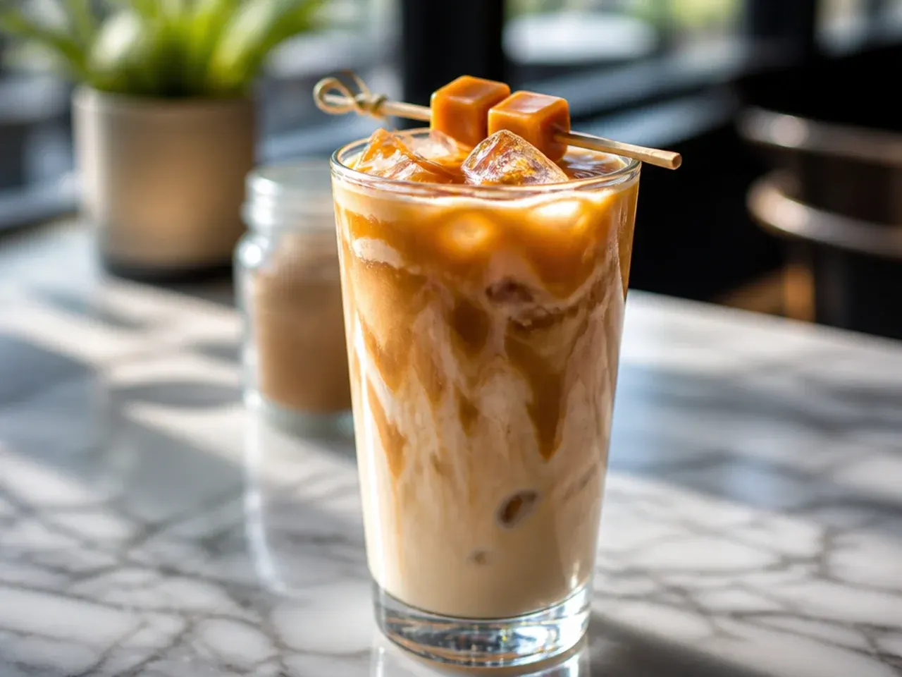 Caramel iced coffee with a light drizzle on the glass and condensation dripping down the sides