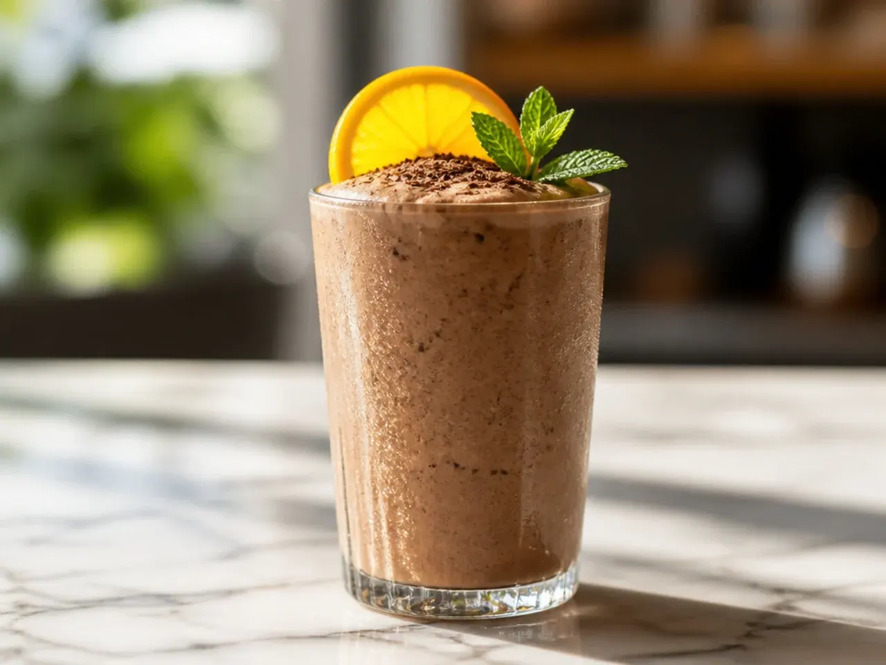 Frozen blended mocha coffee drink in a glass with a straw, chocolate drizzle visible