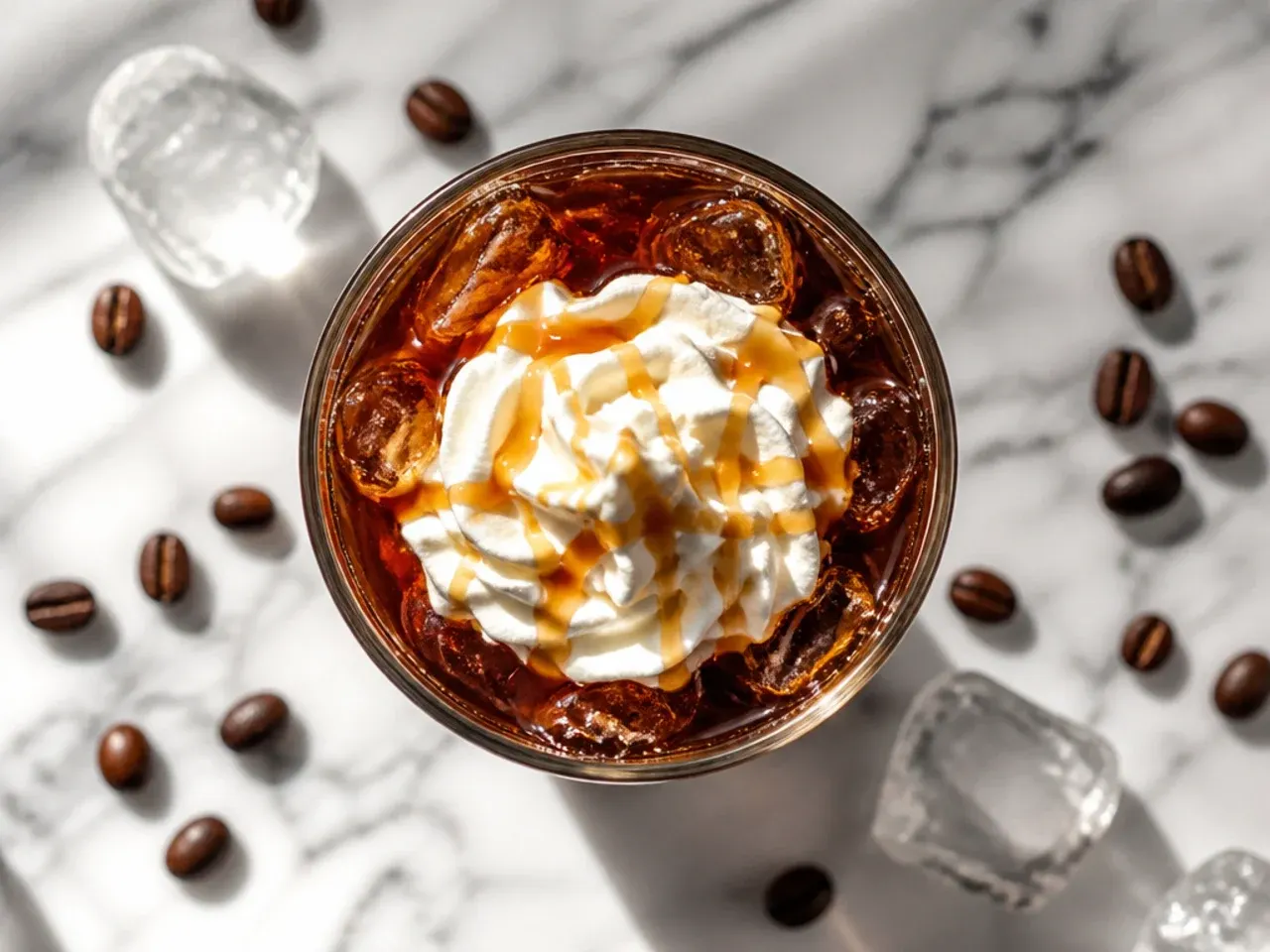 Plain black cold brew coffee poured over ice in a simple glass tumbler