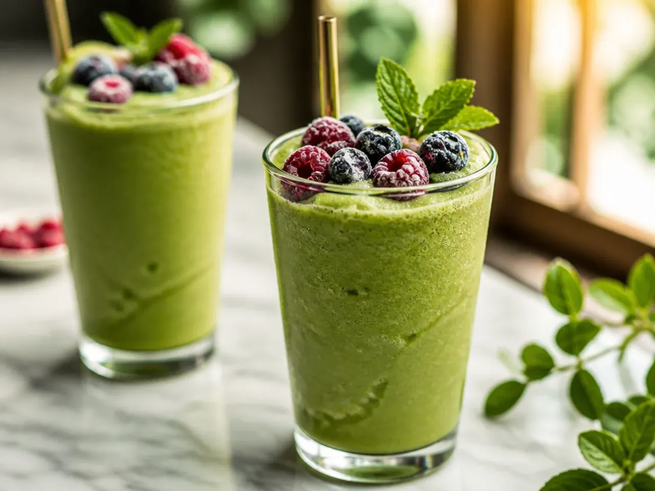 Frozen matcha latte in a glass with vibrant green colour and a straw, matcha powder scattered nearby