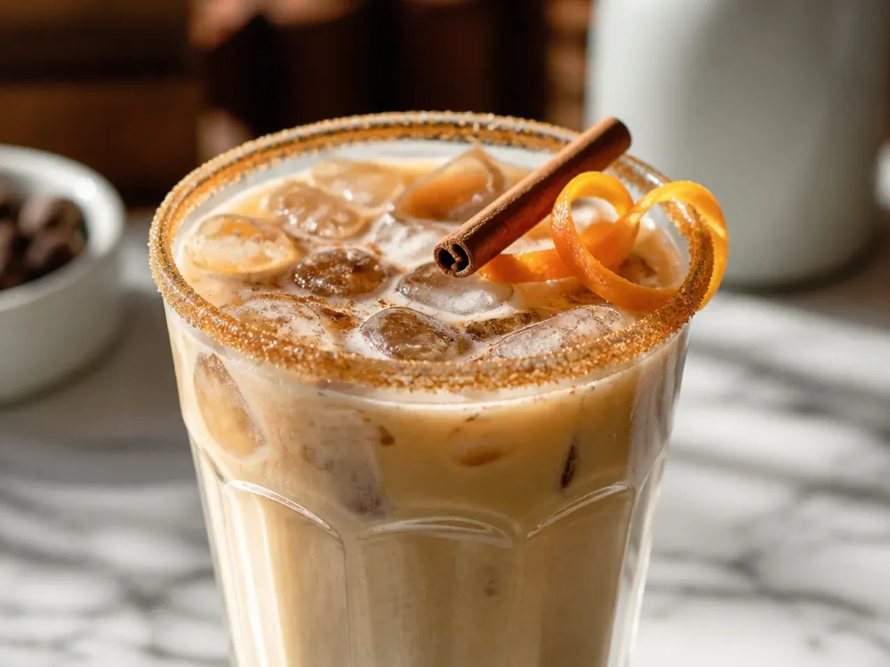 Spiced chai latte with visible cinnamon and cardamom garnish, warm golden-brown colour