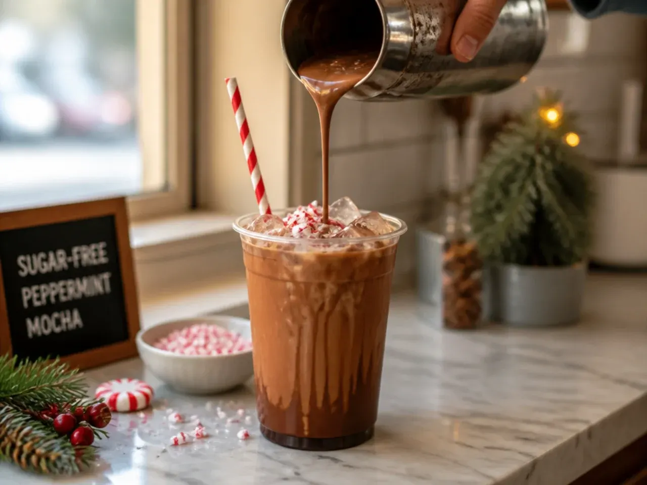 Peppermint mocha in a festive mug with a candy cane garnish and cocoa dusting on the foam