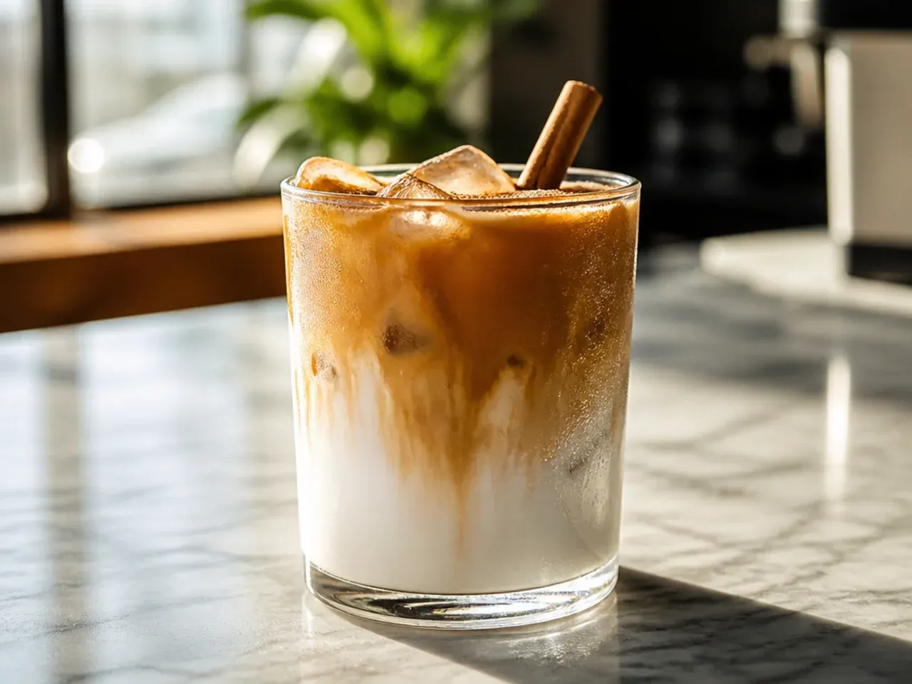 Layered iced vanilla latte showing distinct dark espresso and light milk layers through a clear glass