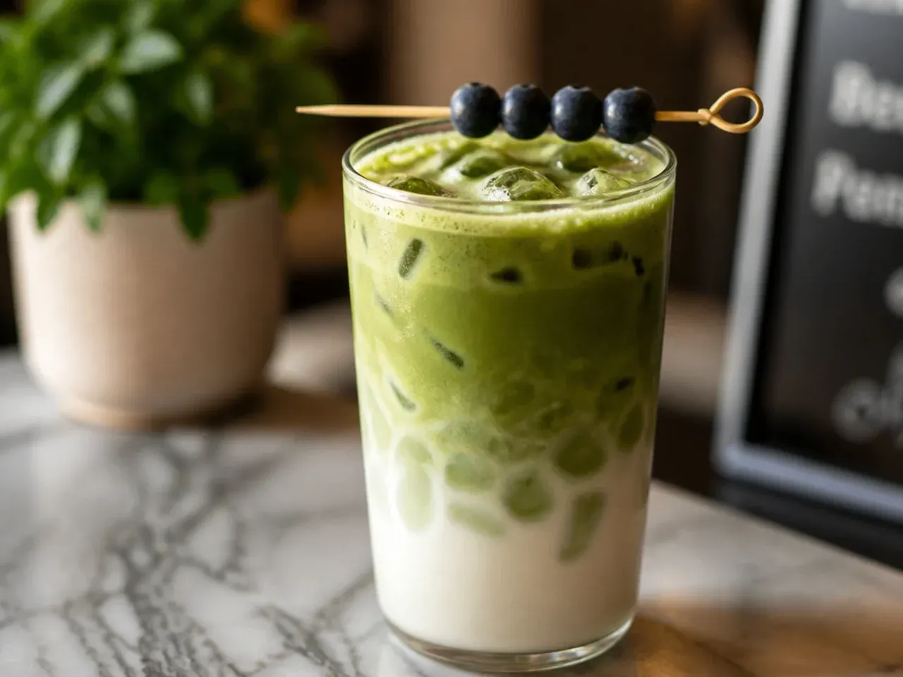 Iced matcha latte in a tall glass with visible layering of green matcha and white milk