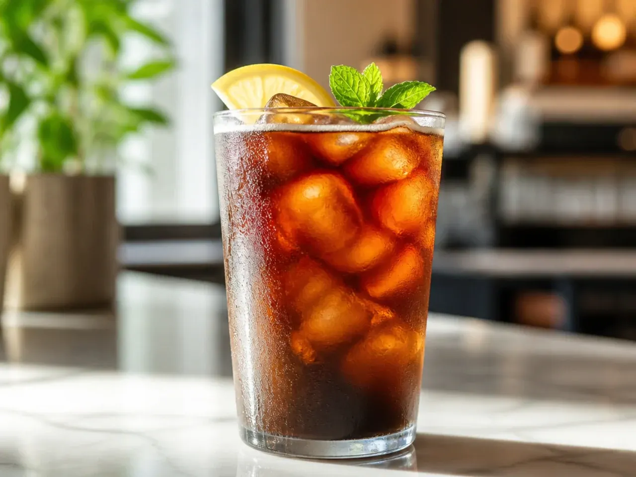Iced hazelnut cold brew coffee with a light caramel-brown colour, ice cubes visible through the glass