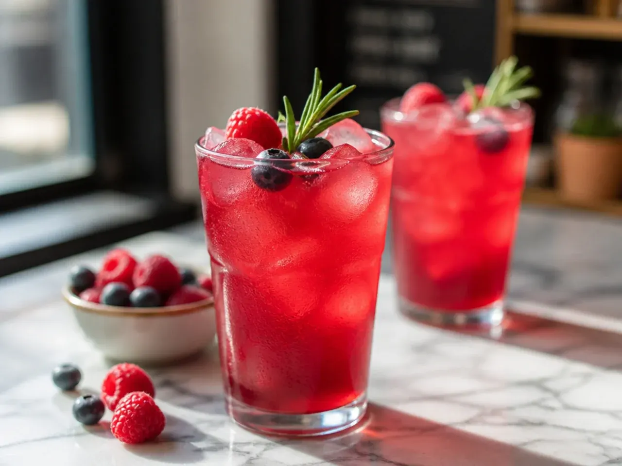 Bright fruity iced green tea refresher in a glass with lemon wedge garnish and ice