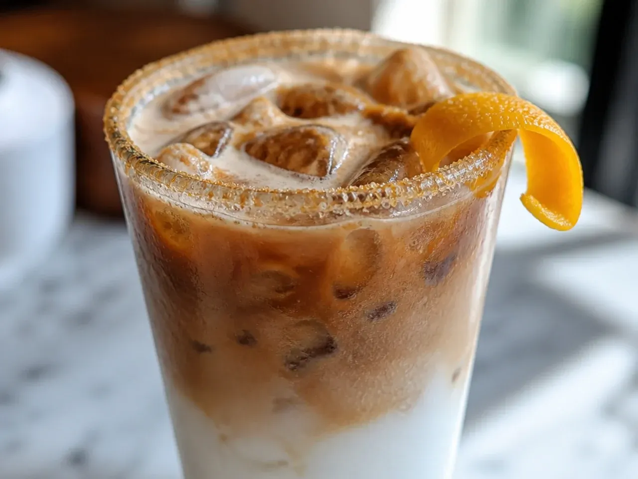 Small cortado coffee in a glass tumbler with light microfoam on top, espresso and almond milk
