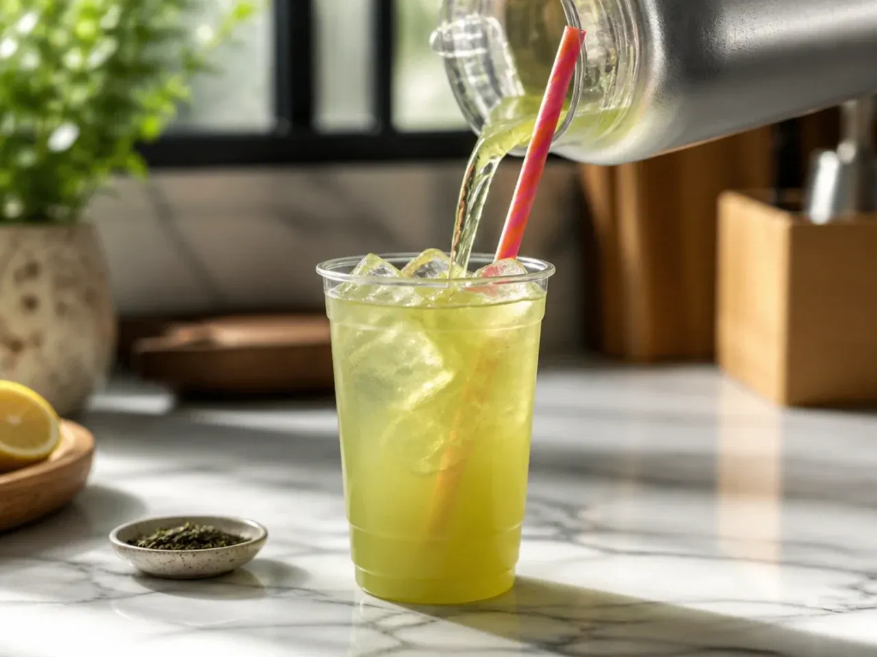 Refreshing iced green tea with muddled mint and cucumber slices floating in a tall glass