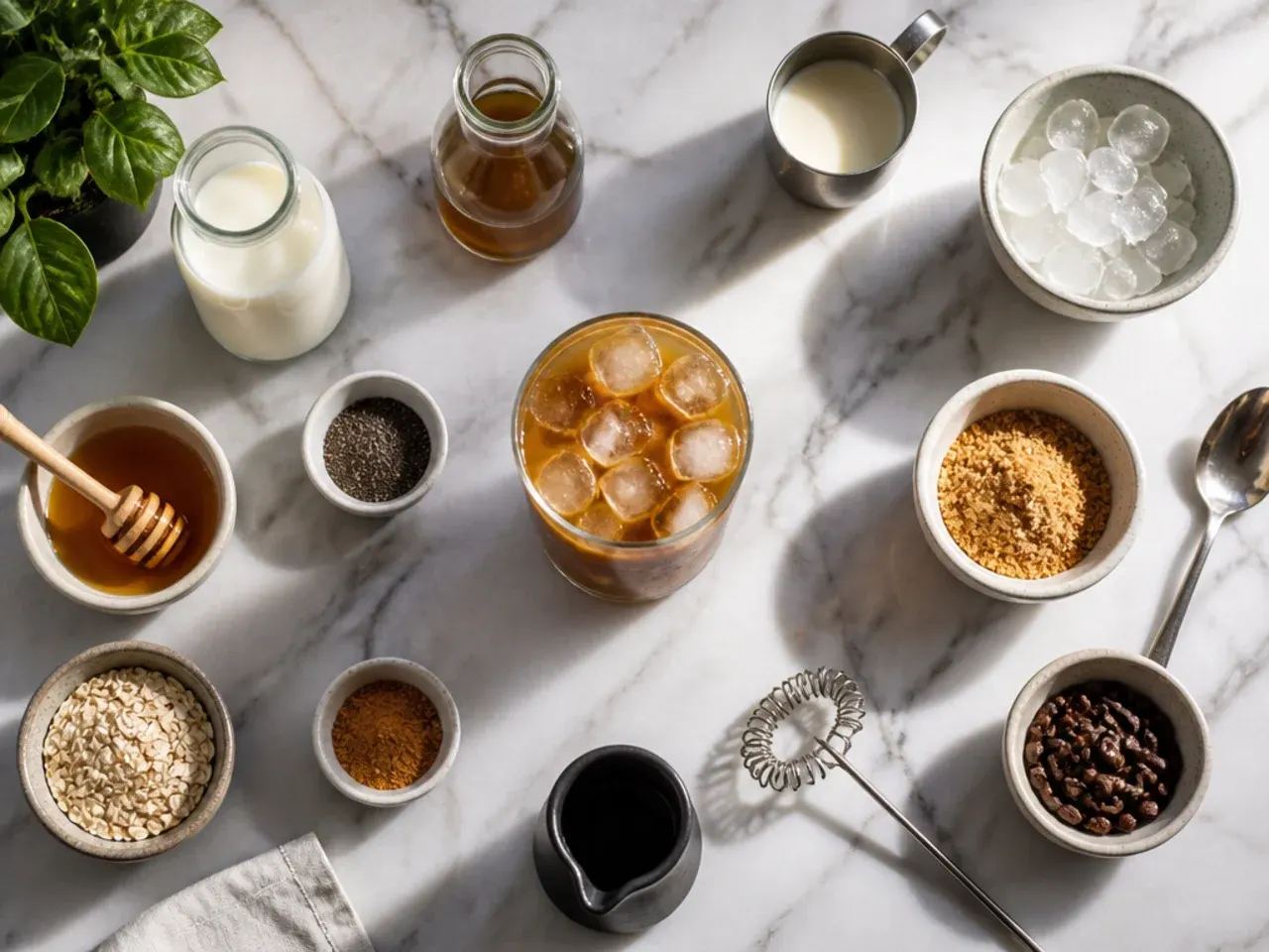 Coffee ice cubes being added to an iced latte, with a milk frother and syrup bottle nearby
