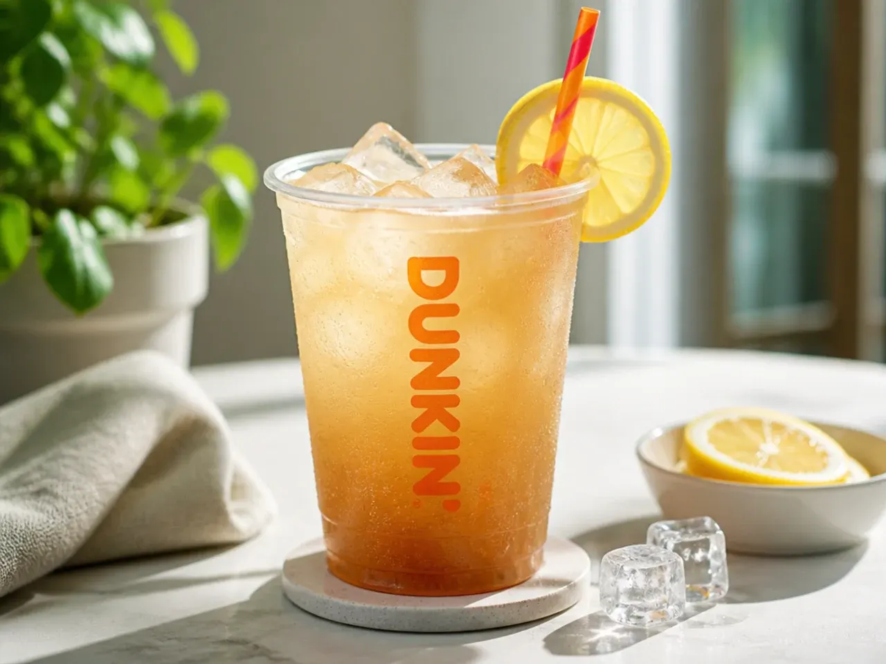 Finished iced latte garnished with a cinnamon stick and reusable glass straw on a marble counter