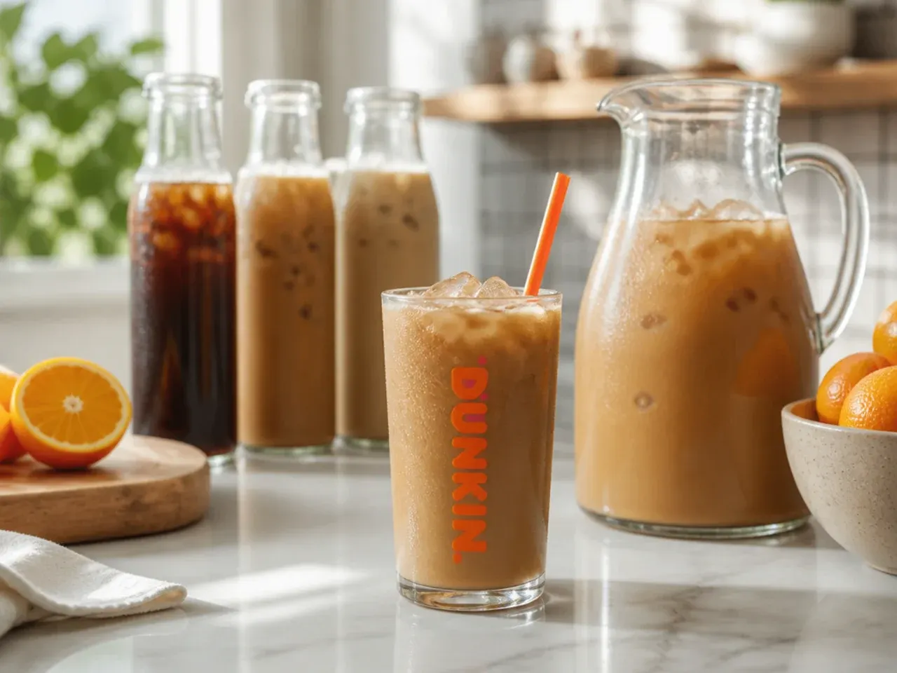 Jar of cold brew concentrate next to a tray of frozen coffee ice cubes on a kitchen counter