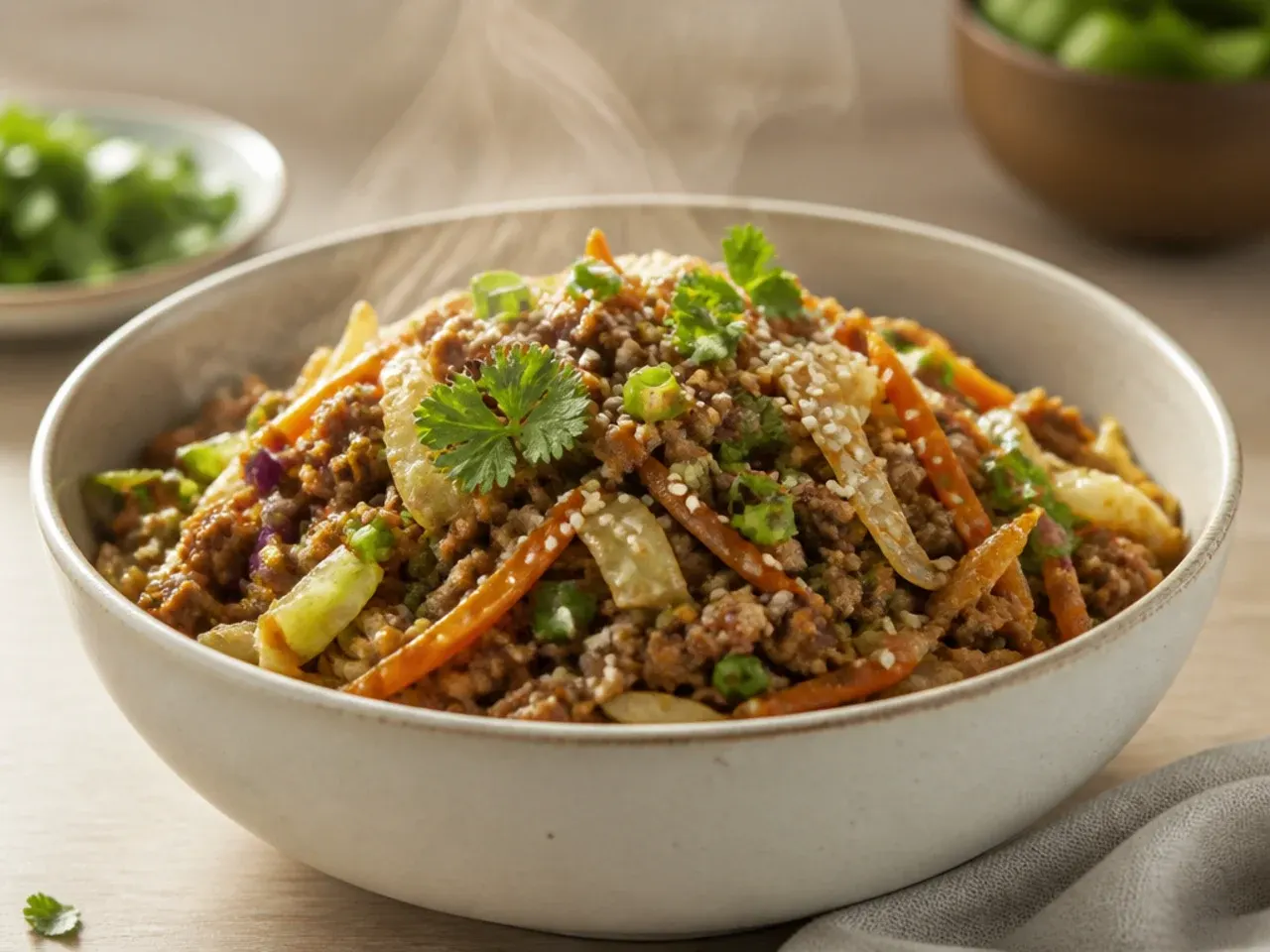 Ground pork browning in a skillet with crispy caramelised bits