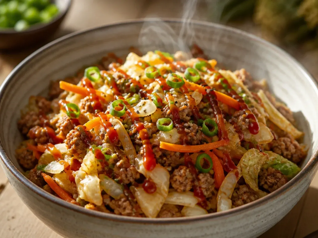 Wide skillet with cabbage and pork stir-frying over high heat