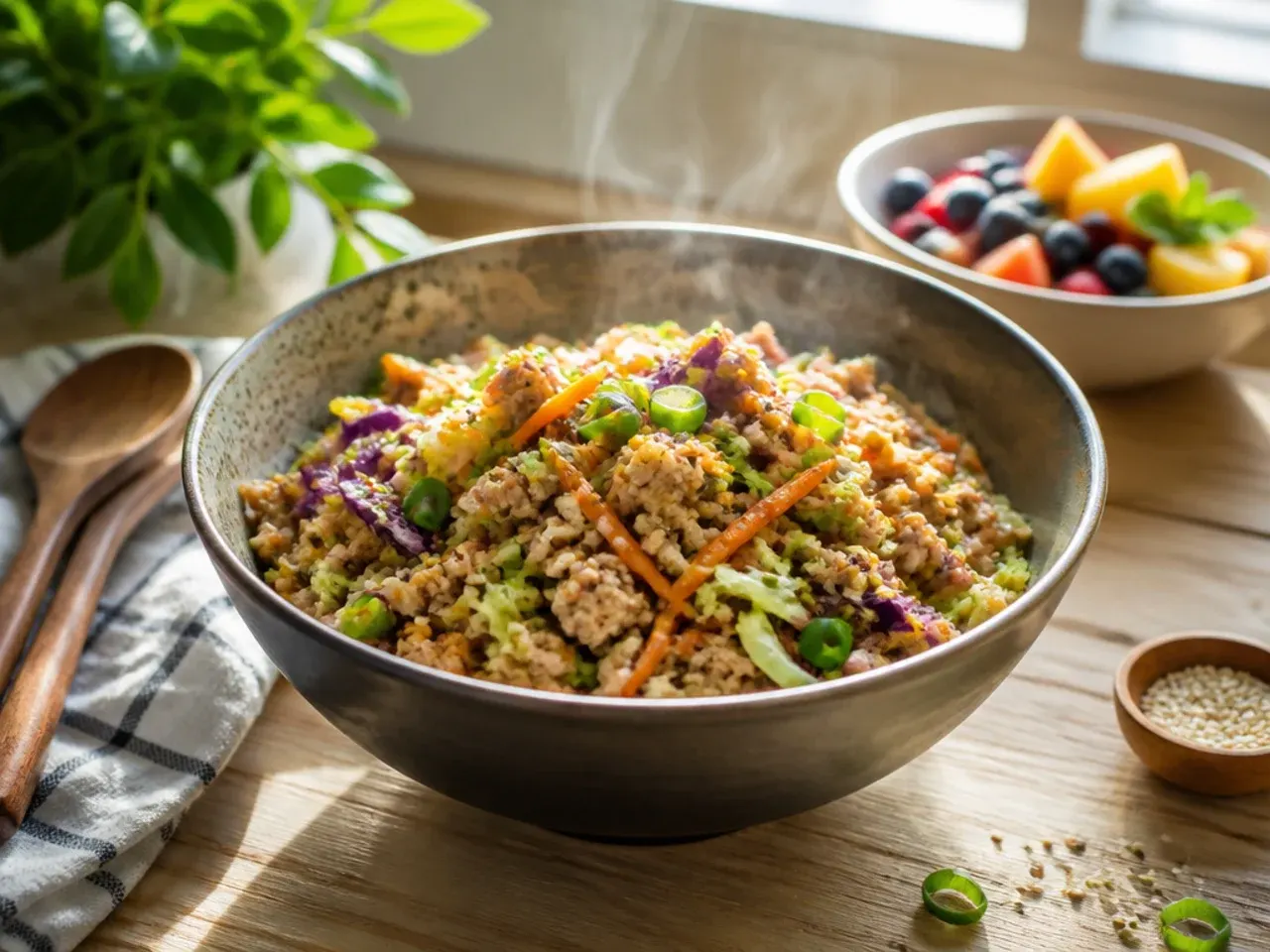 Bottle of low-sodium soy sauce being poured over cabbage and pork in a pan