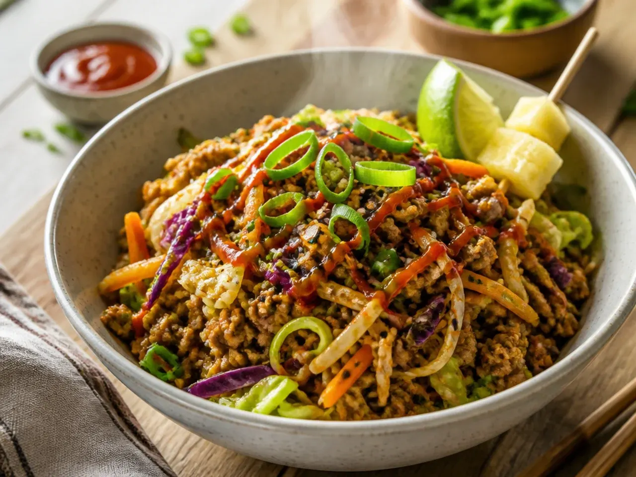 Toasted sesame oil being drizzled over a finished egg roll bowl