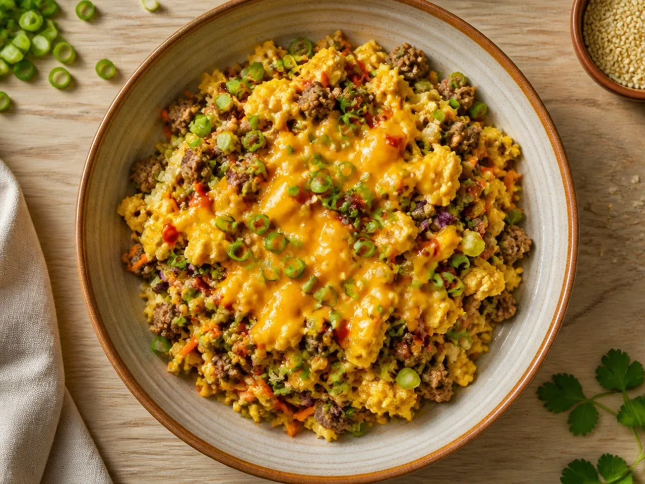 Scrambled egg being folded through egg roll in a bowl filling in a skillet