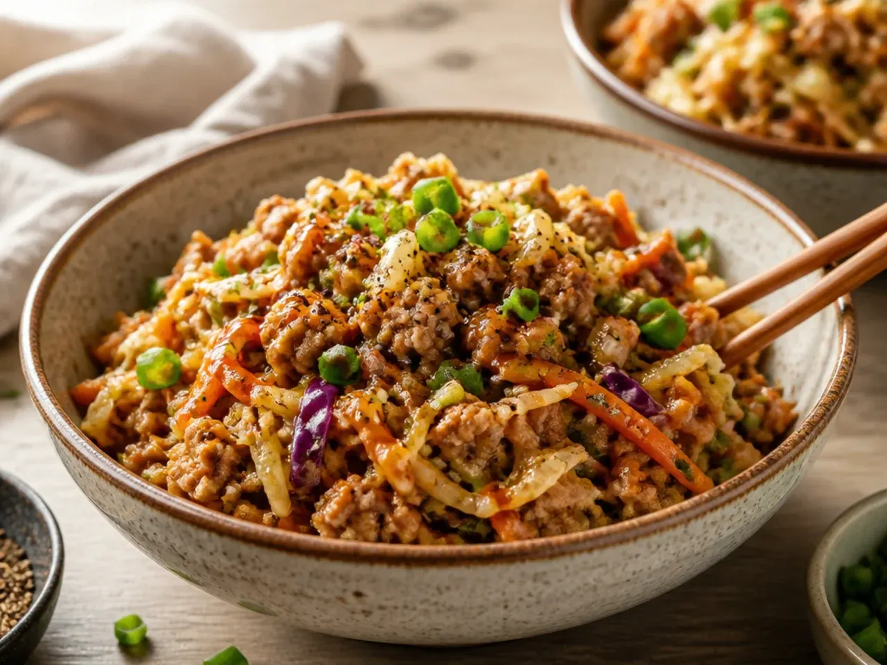 Side by side comparison of ground turkey and ground pork in bowls