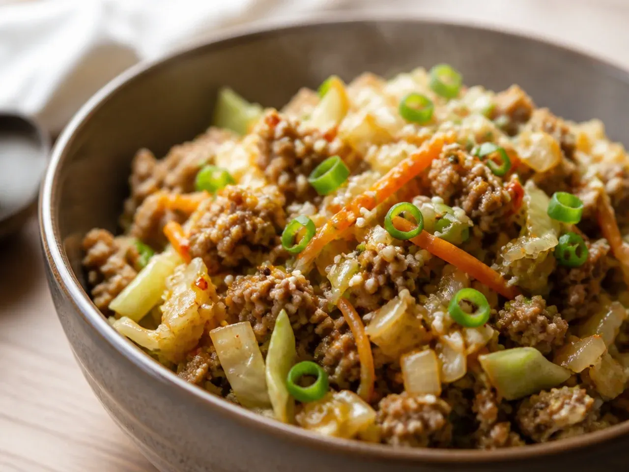 Sautéed cauliflower rice topped with egg roll in a bowl filling